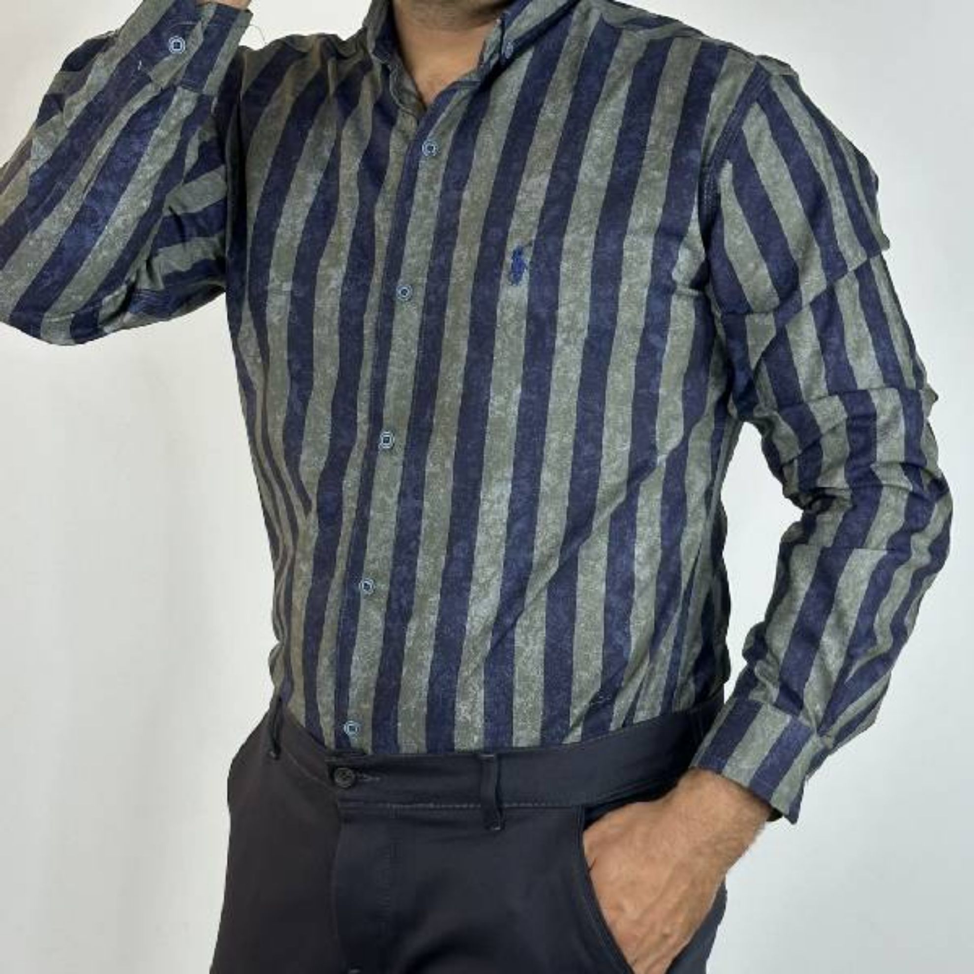 تصویر  پیراهن پارچه دنیم لخت راه راه سنگشور